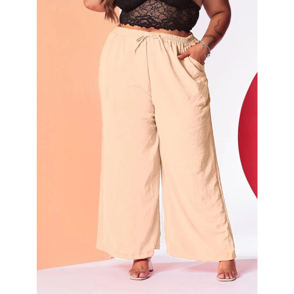 Calça Pantalona Plus Size Feminina Com Elástico Na Cintura Com Bolso Cintura Alta Tecido Duna Linha Premium