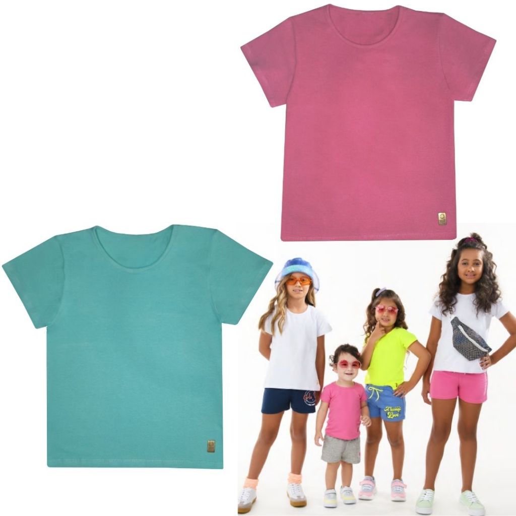 Kit 2 Camiseta Infantil Juvenil Lisa Blusinha Babylook T-shirt Básica Menina Algodão Cotton Manga Curta Roupa Verão Fem