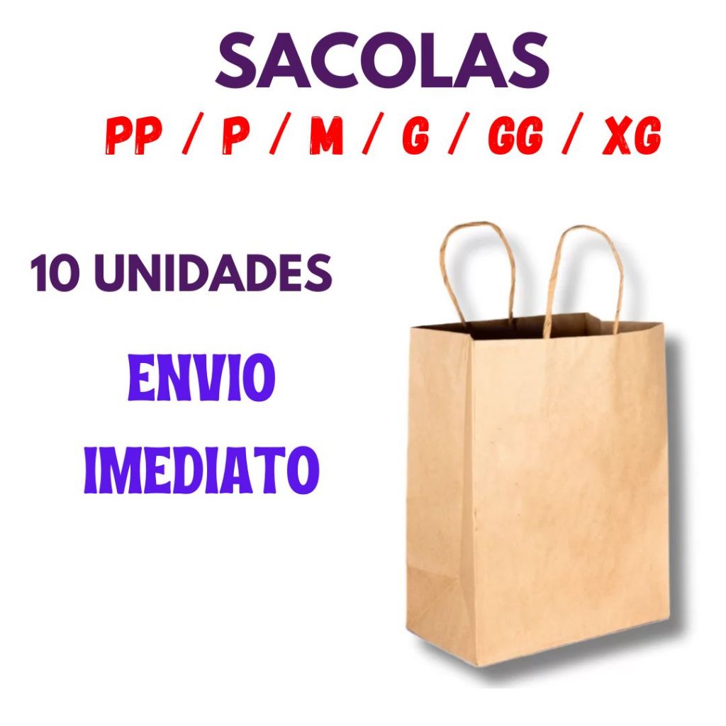 10 Sacola de Papel Kraft Tamanho PP P M G GG XG Bolsa
