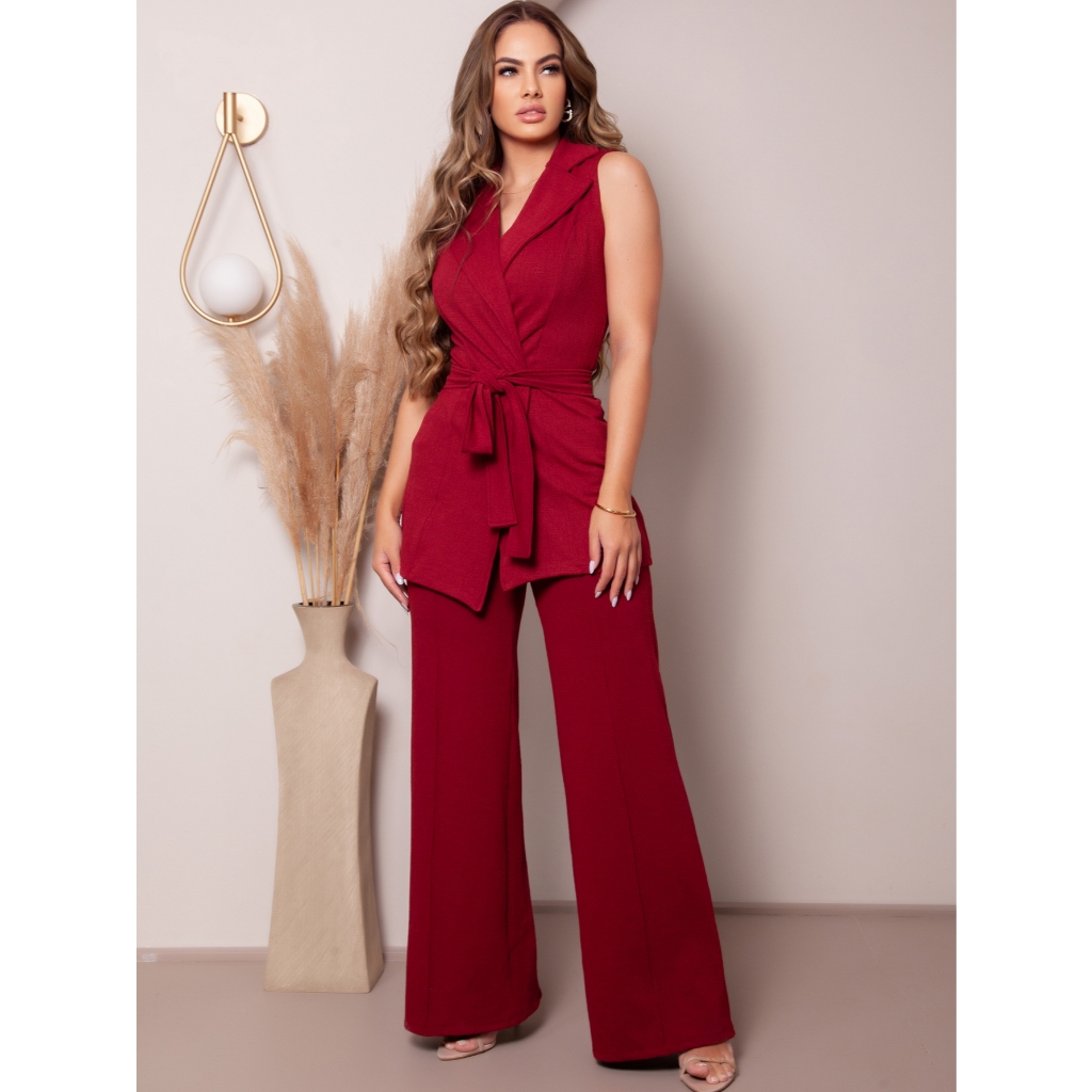 Conjunto Max Colete e Calça Pantalona Social Cintura Alta Jacard Linho REF: Geise