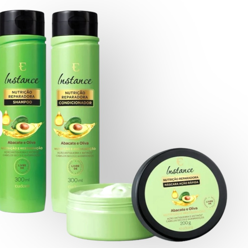 Combo Cabelos Nutridos Instance Abacate e Oliva: Shampoo 300ml + Condicionador 300ml + Máscara Capilar 200g