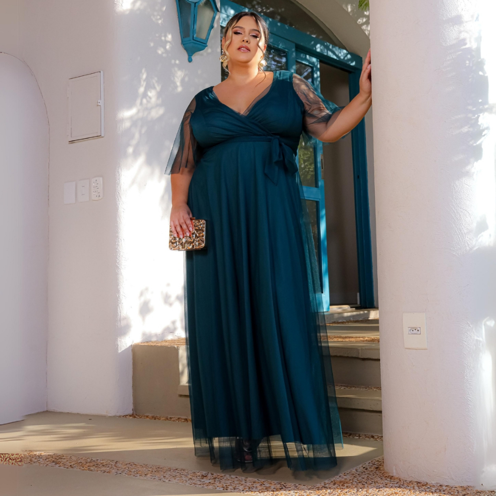 Vestido Longo Plus Size Para Festas Traspassado Manga Morcego Sem Brilho