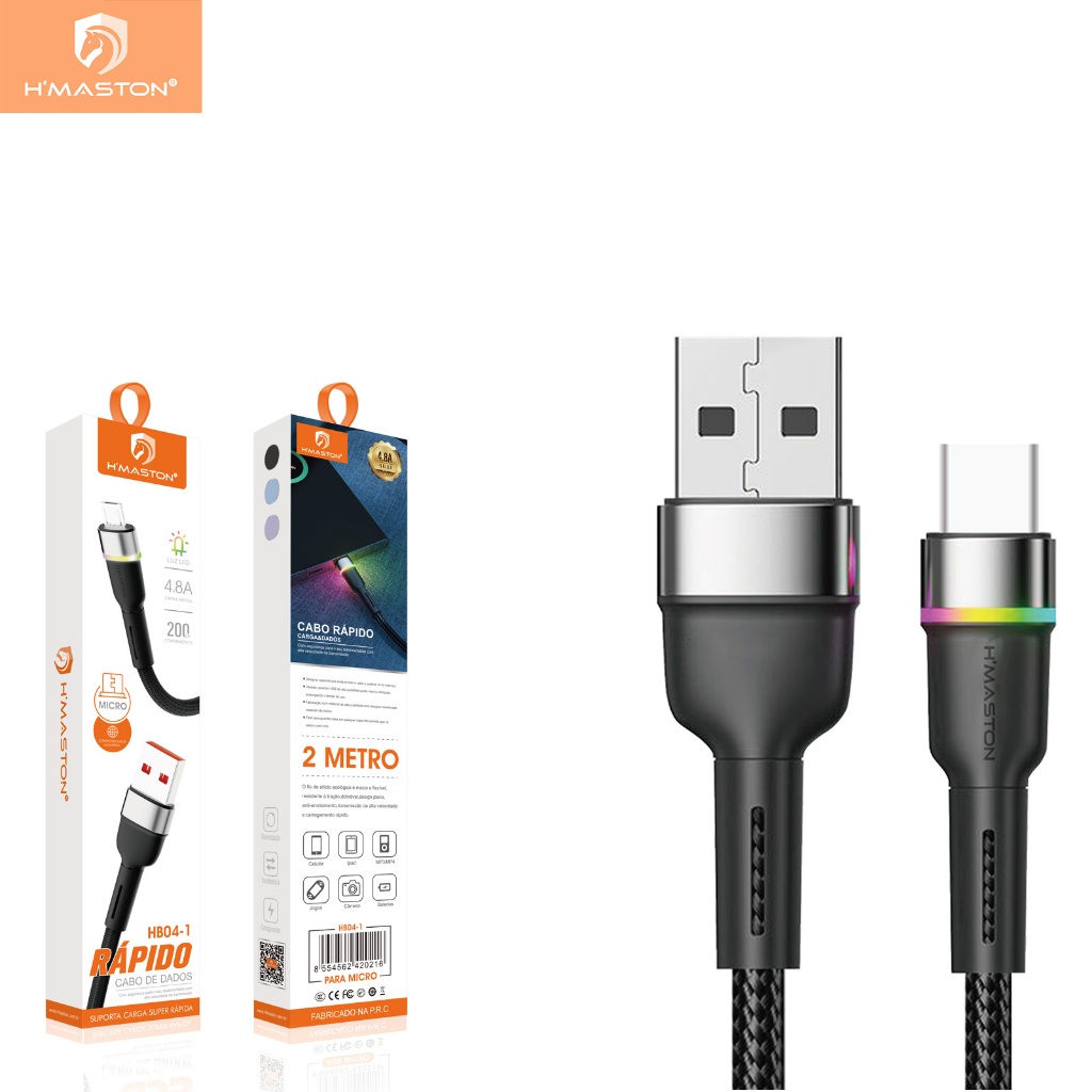 Hmaston HB04 Cabo Carregador Usb Original 4.1A Lightning, Tipo-C ou V8 2 Metros