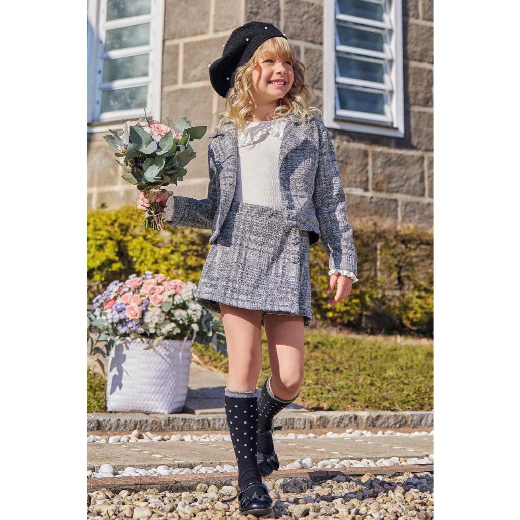 Conjunto Infantil Menina Luxo Manga Longa Blazer Boxy e Short-saia Malha Tweed Brilho Kukiê