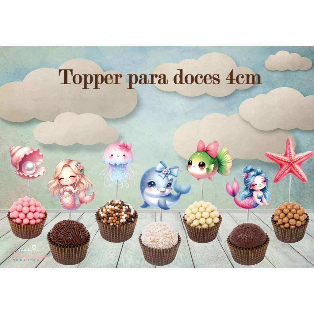 Fundo do Mar Topper Docinho Tag Doces Mini Cupcake Festa Decoração Sereia