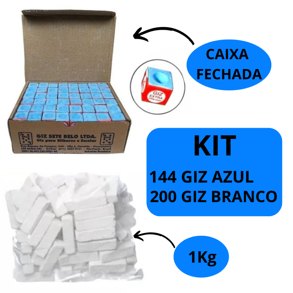 Kit com 144 Unidades Giz 7 Belo Caixa Fechada + 200 Giz Branco 1Kg Para taco de Sinuca Bilhar Snooker.