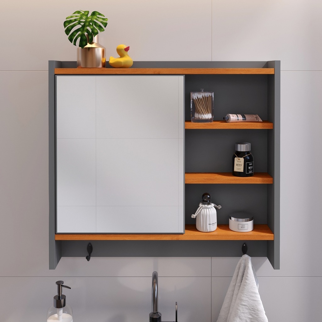 Espelheira Suspensa Para Banheiro / Closet Porta e Nichos Ganchos Toalhas Genova Aqua