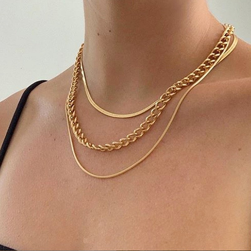 Colar Feminino de 3 Camadas banhado a ouro - Colar Herringbone, Corrente Choker, Cordão Baiano