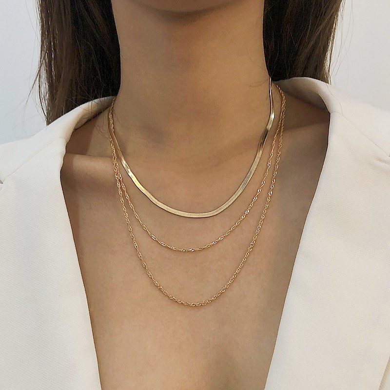 Colar Feminino de 3 Camadas banhado a ouro - Colar Herringbone, Corrente Choker, Cordão Baiano