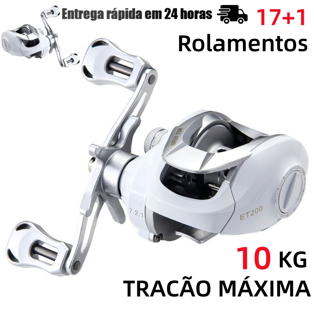 Carretilha de Pesca Perfil Baixo Branca Drag 10kg 17+1 Rolamentos com Alarme Sonoro
