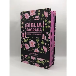 Bíblia Sagrada Tamanho Médio 12,5x19 cm Com Harpa palavras de Jesus em vermelho Flores Rosa