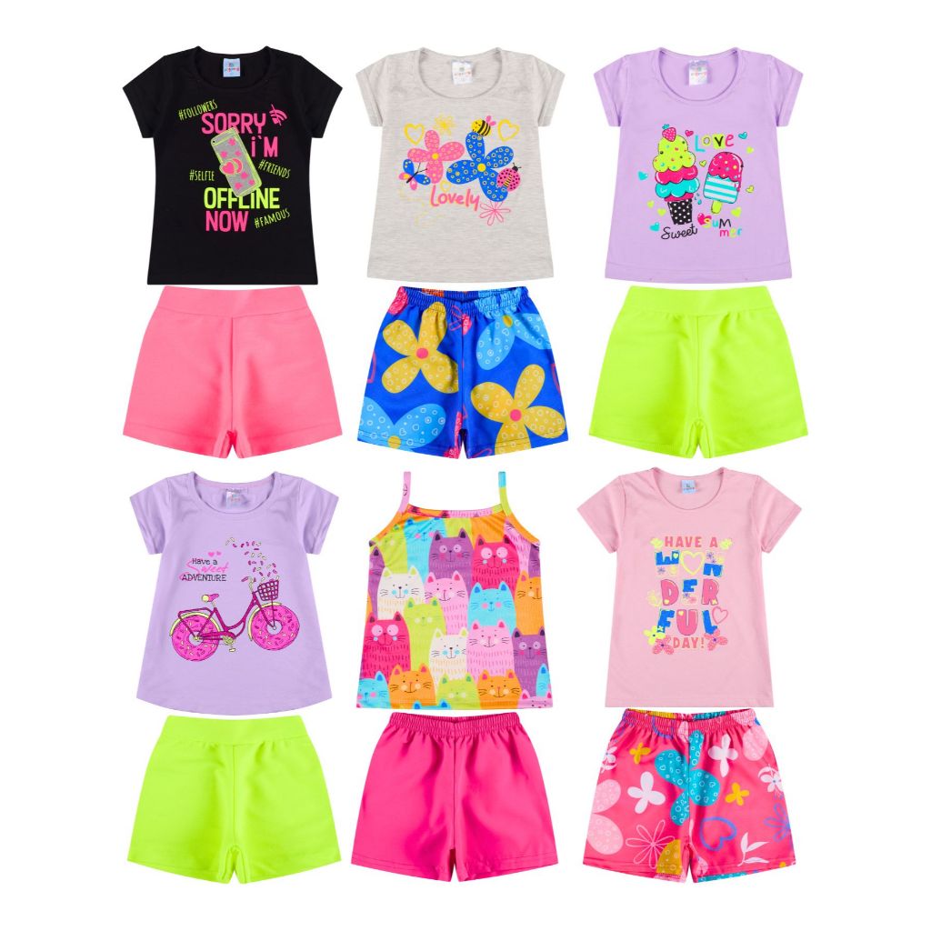 Kit Sortido 10 Peças de Roupas Infantil Menina - 5 Camisetas + 5 Bermudas - Promoção - Menina em Oferta na Shopee