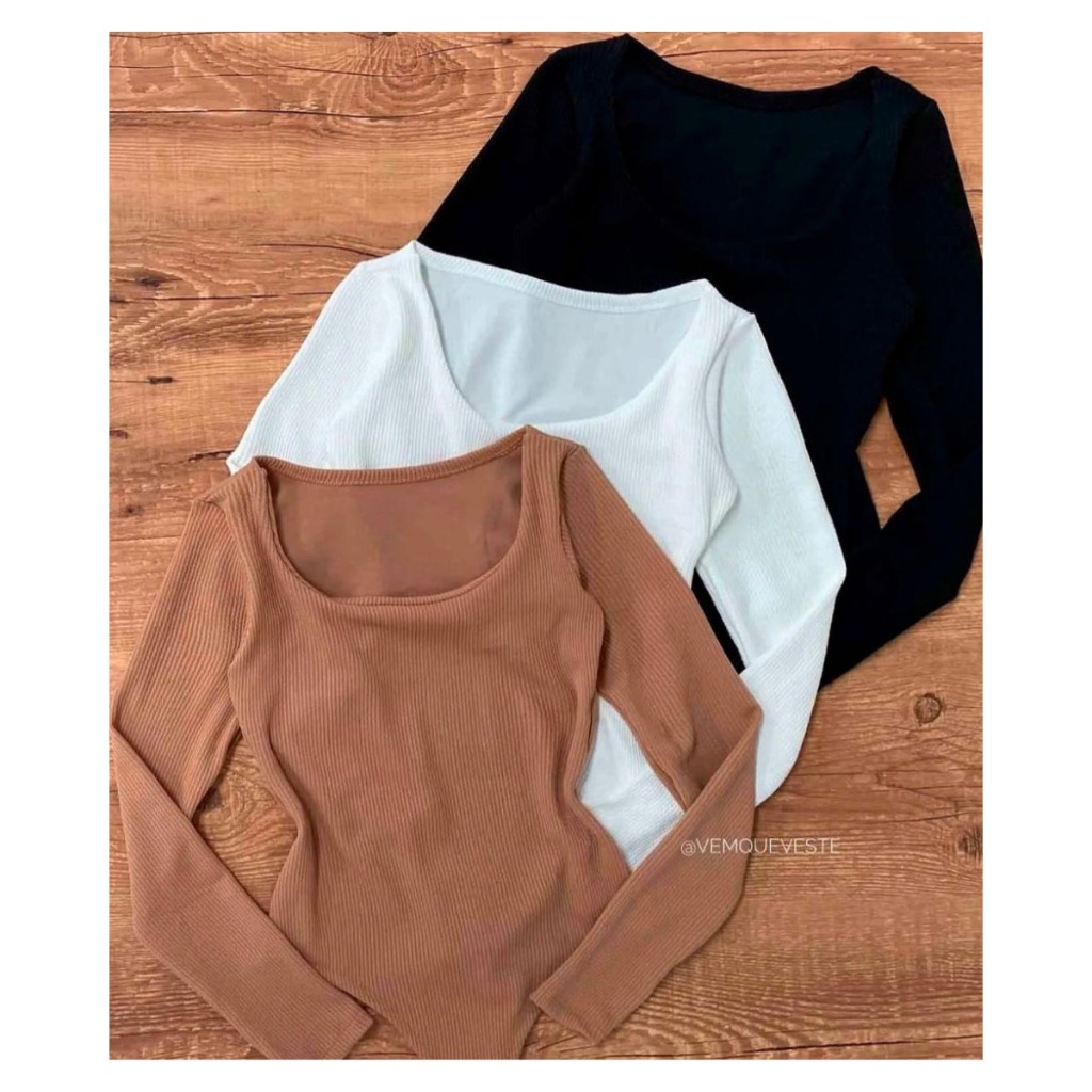 Body Bory Feminino Canelado  Manga Longa Modelador Tendencia Outono Inverno Gola U Decote Com Foro