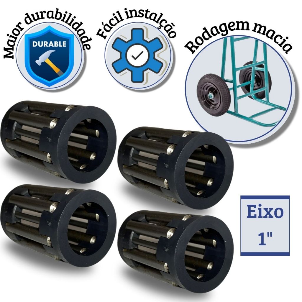 Kit com 4 Rolamentos de Rolete 1" Polegada 25mm para Roda Carrinho de Mão Pneu