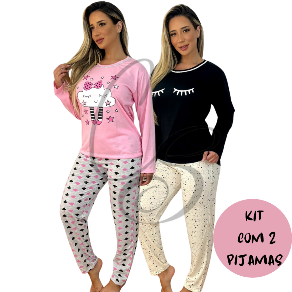 kit com 2 pijama feminino manga longa e calça adulto de malha pv excelente toque vestido para uma otima noite de sono