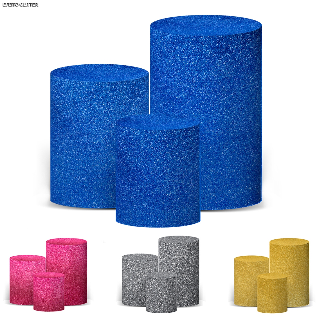 Capas de Cilindros para Festa com Efeito Glitter 3D Sublimado Temas Diversos Tecido Poliéster Elastano Alta Durabilidade Fácil Instalação Decoração Efeito Glitter Lavável Não Amassa Ideal para Festas Aniversário Decoração