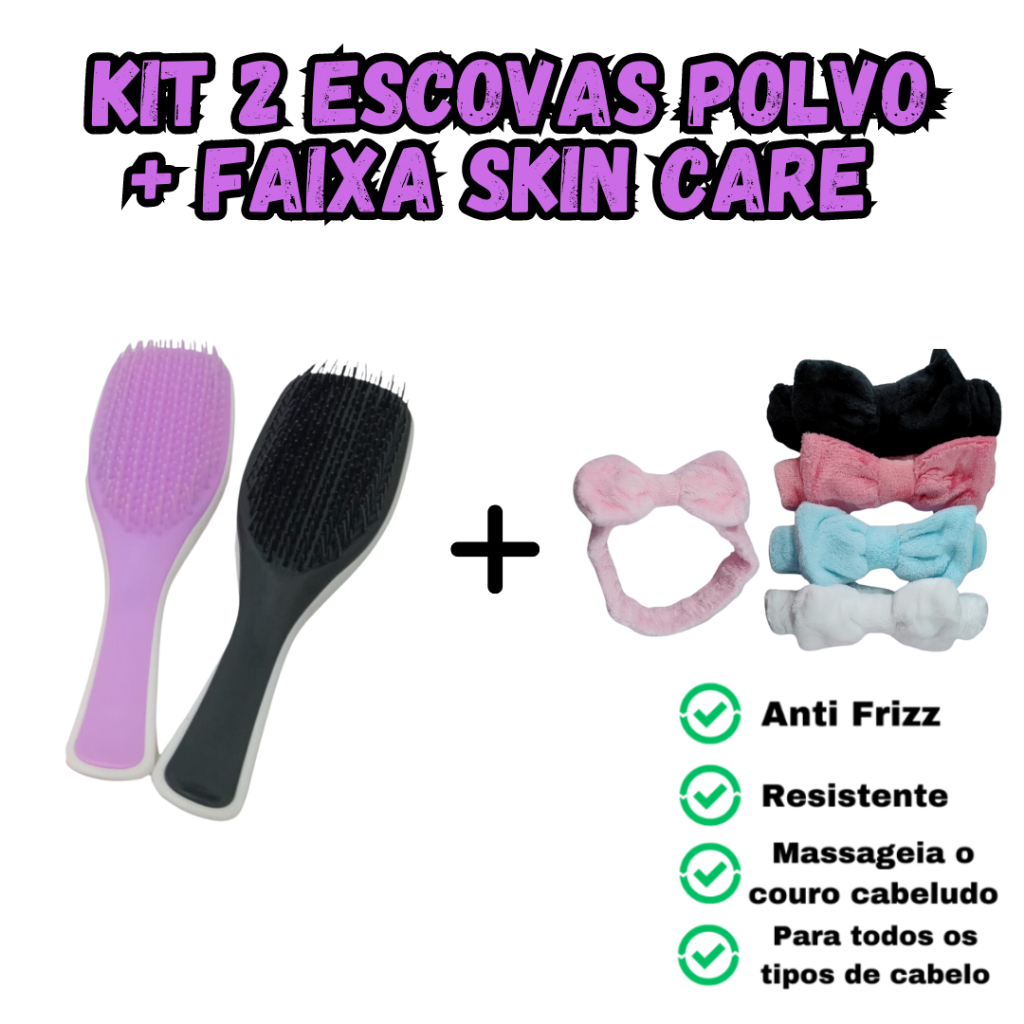 Kit 2 Escovas de Cabelo Cabo Magico - Anti Frizz + Tiara Laço Maquiagem Skin Care