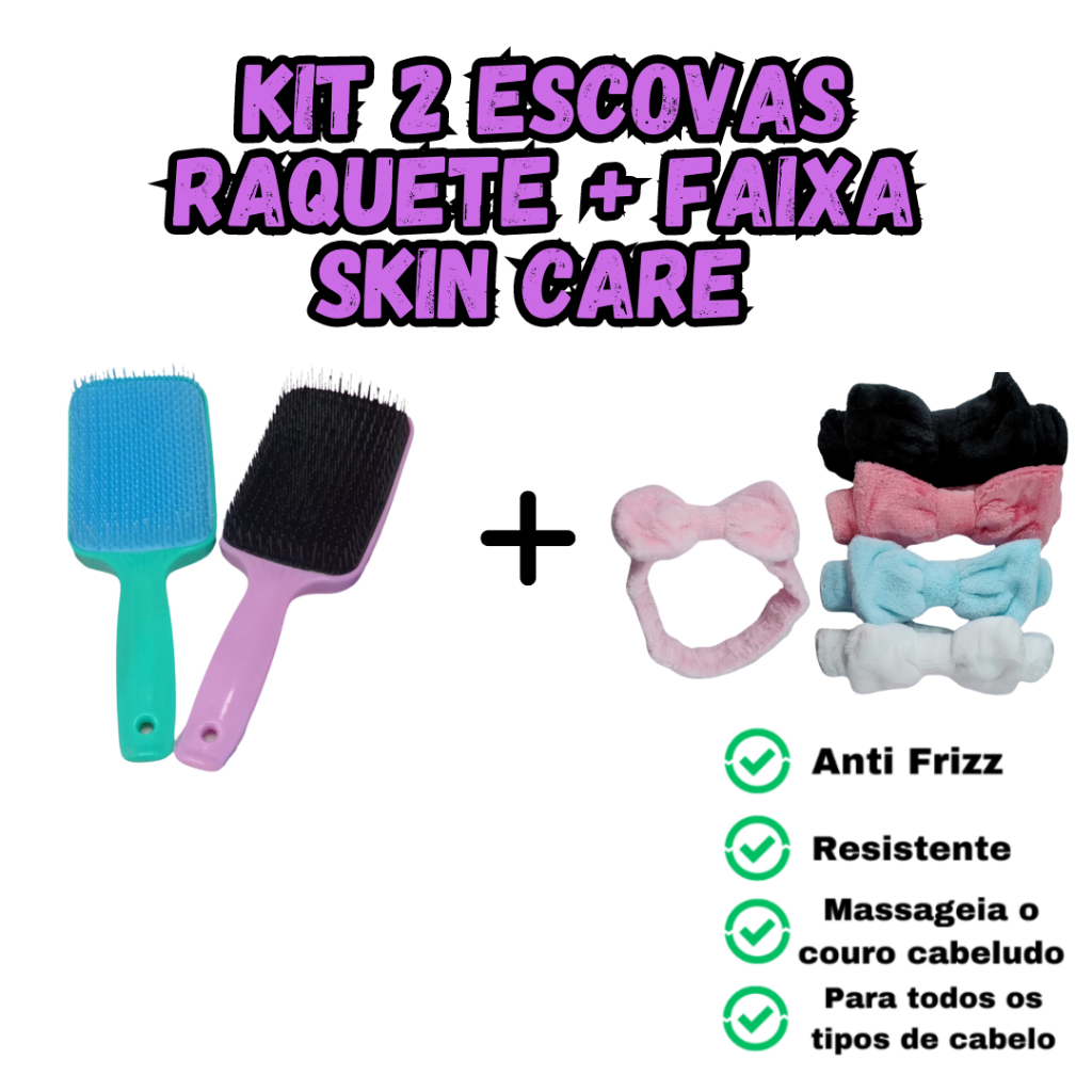 Kit 2 Escovas De Cabelo Raquete Curvada Anti Frizz + Tiara Laço Maquiagem Skin Care