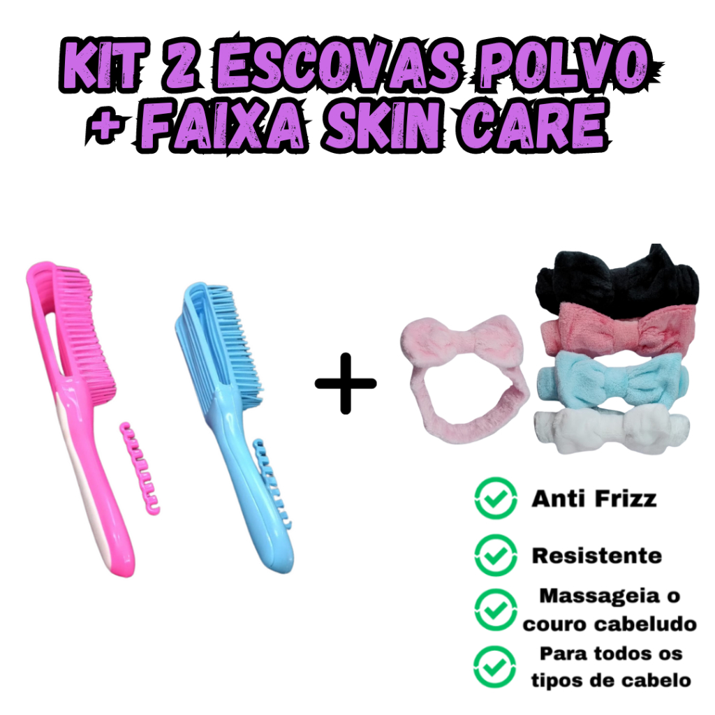 Kit 2 Escovas Polvo para Cabelo - Anti Frizz + Tiara Laço Maquiagem Skin Care