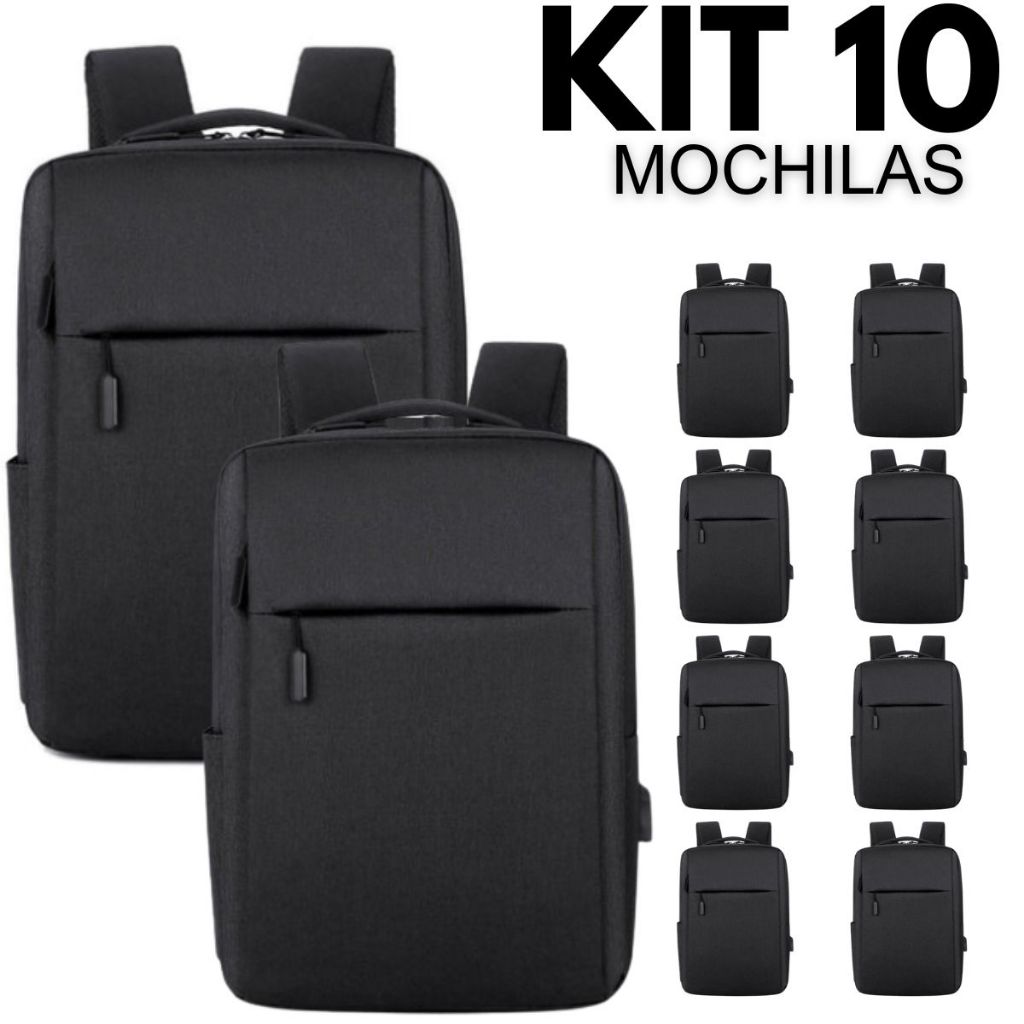 Kit 10 Mochilas Antifurto Impermeável Cabo Usb Resistente Preta