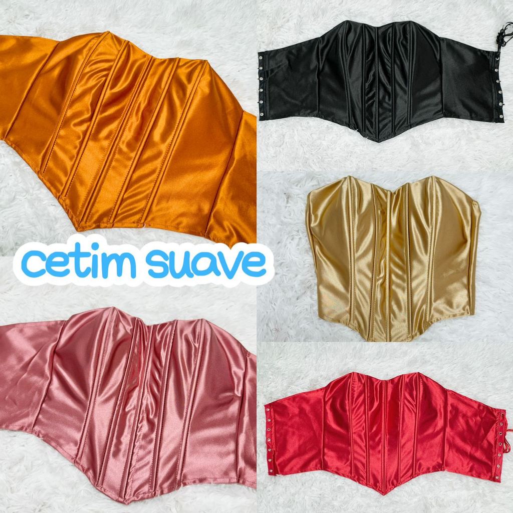 Cropped Corset Acetinado Com Bojo Existem 5 SUPORTES rígidos amarração nas costas tecido de cetim em Oferta na Shopee
