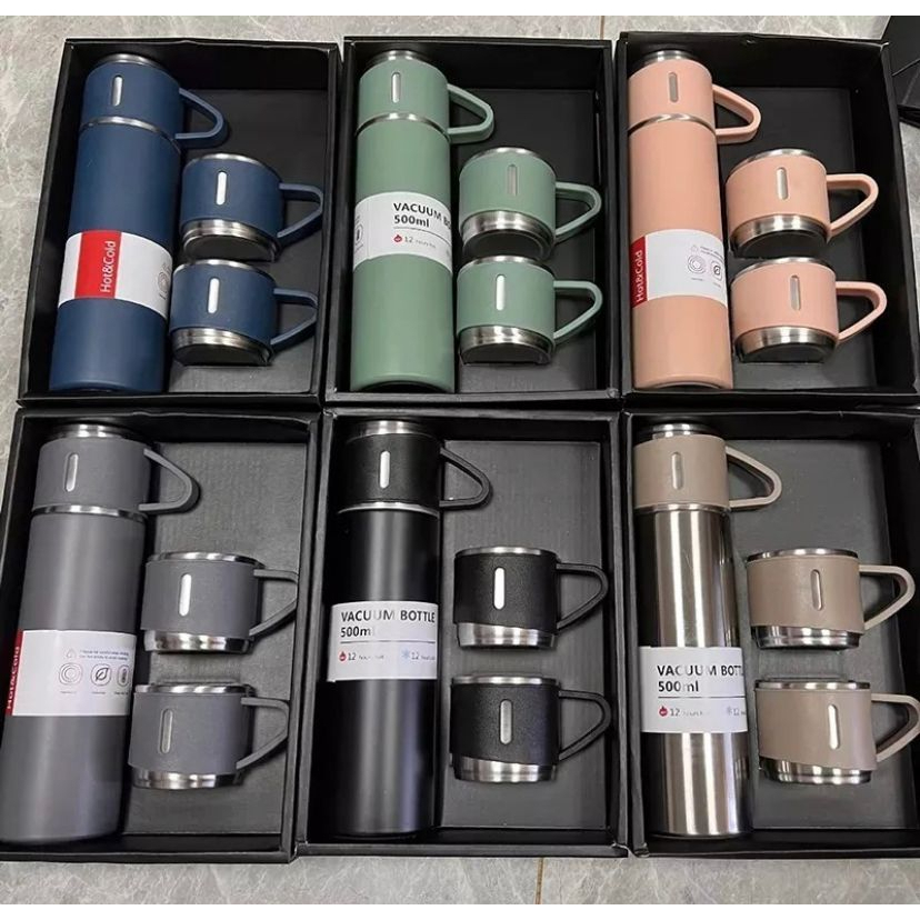 Garrafa Térmica Inox 500ml + 3 Xícaras | Vacuum Flask Portátil Café Chá Viagem Esporte Camping