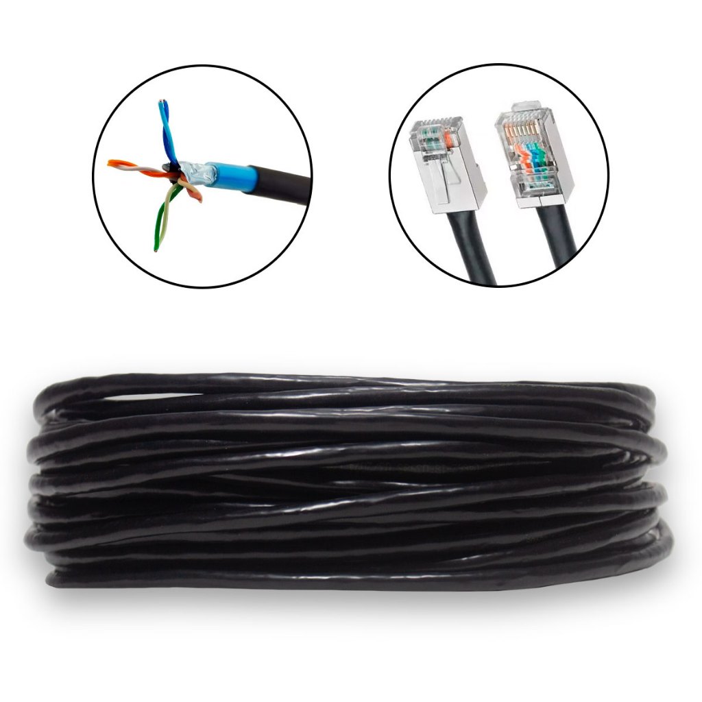 Cabo de Rede 100% Cobre 5 Metros 5m CAT6 Preto Área Externa Dupla Capa Blindado F/UTP LAN CMX 23AWG