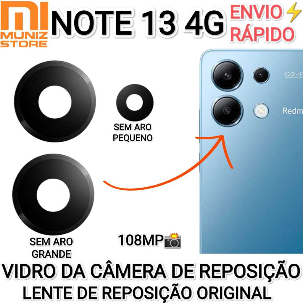 Vidro Câmera Redmi Note 13 4G 108MP Lentes da Câmeras Reposição Original Encaixe Perfeito