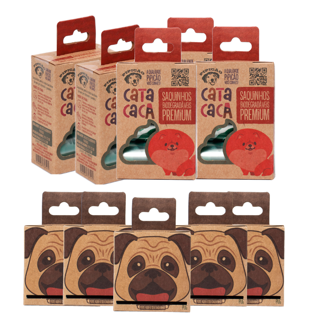 05 Kits Pug 2 Rolinhos e 05 Kits 3 Rolinhos Saquinhos Biodegradáveis Cata Caca Refil Pipicão