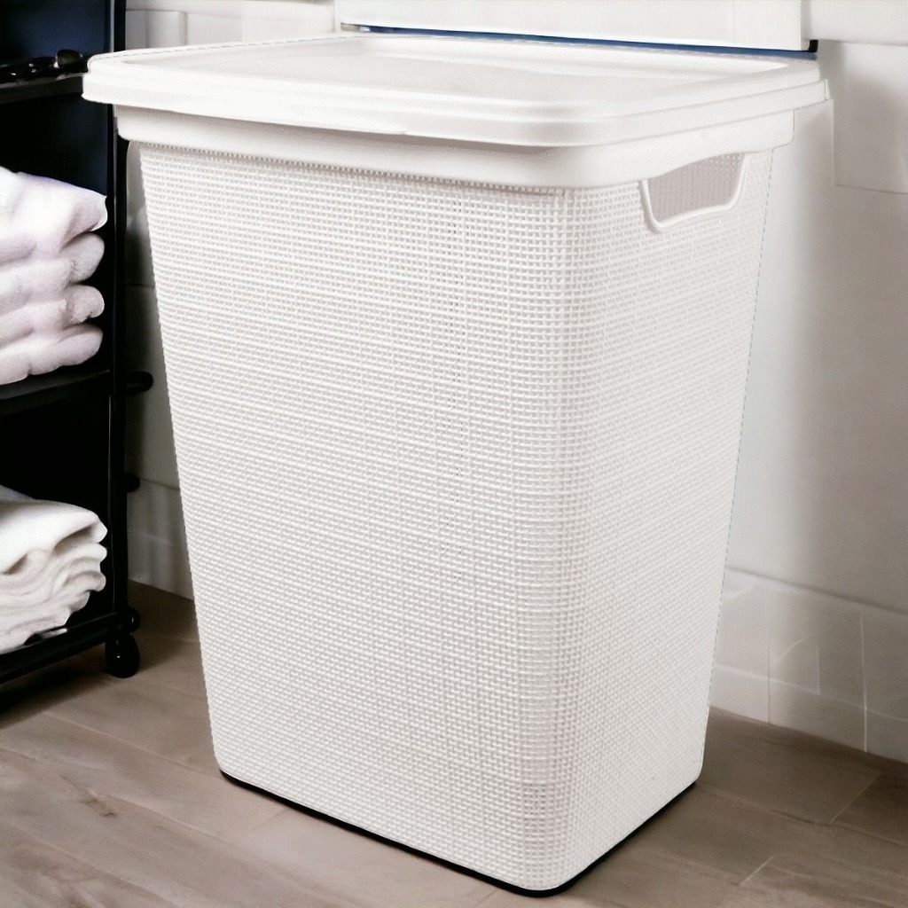 Cesto de Roupa Suja Organizador de 45 Litros com Tampa Textura Jutta Branco Jaguar