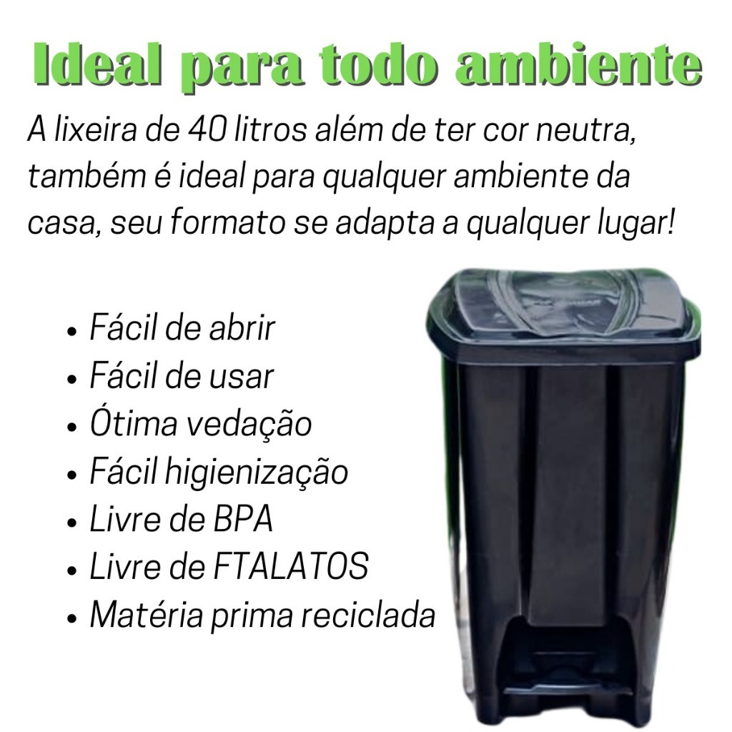 Kit 2 Lixeiras 40 Litros com Pedal e Tampa em Plástico Resistente Eco Nature Preta