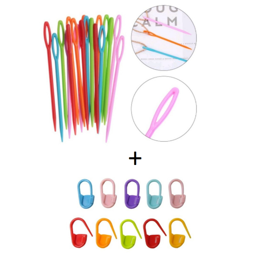 kit 5 Agulhas Plástico Com 20 Marcador Ponto Cadeado Colorido Crochê ou Tricô
