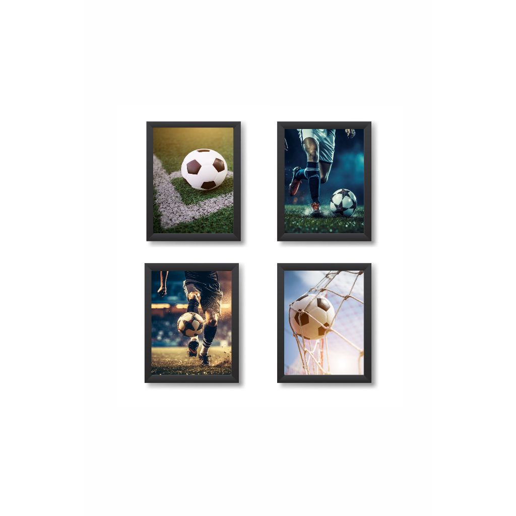 Kit 4 Quadros Decorativos Futebol Bola Chuteira Jogadoresl Molduras 20x30cm Madeira Vidro Cor Preta