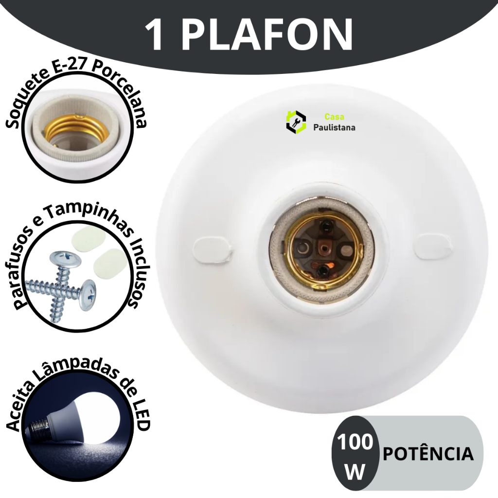 Soquete Bocal Para lampada Comum 1 Plafonier Plafon Branco e Preto 100w Bocal Porcelana E27 Bivolt