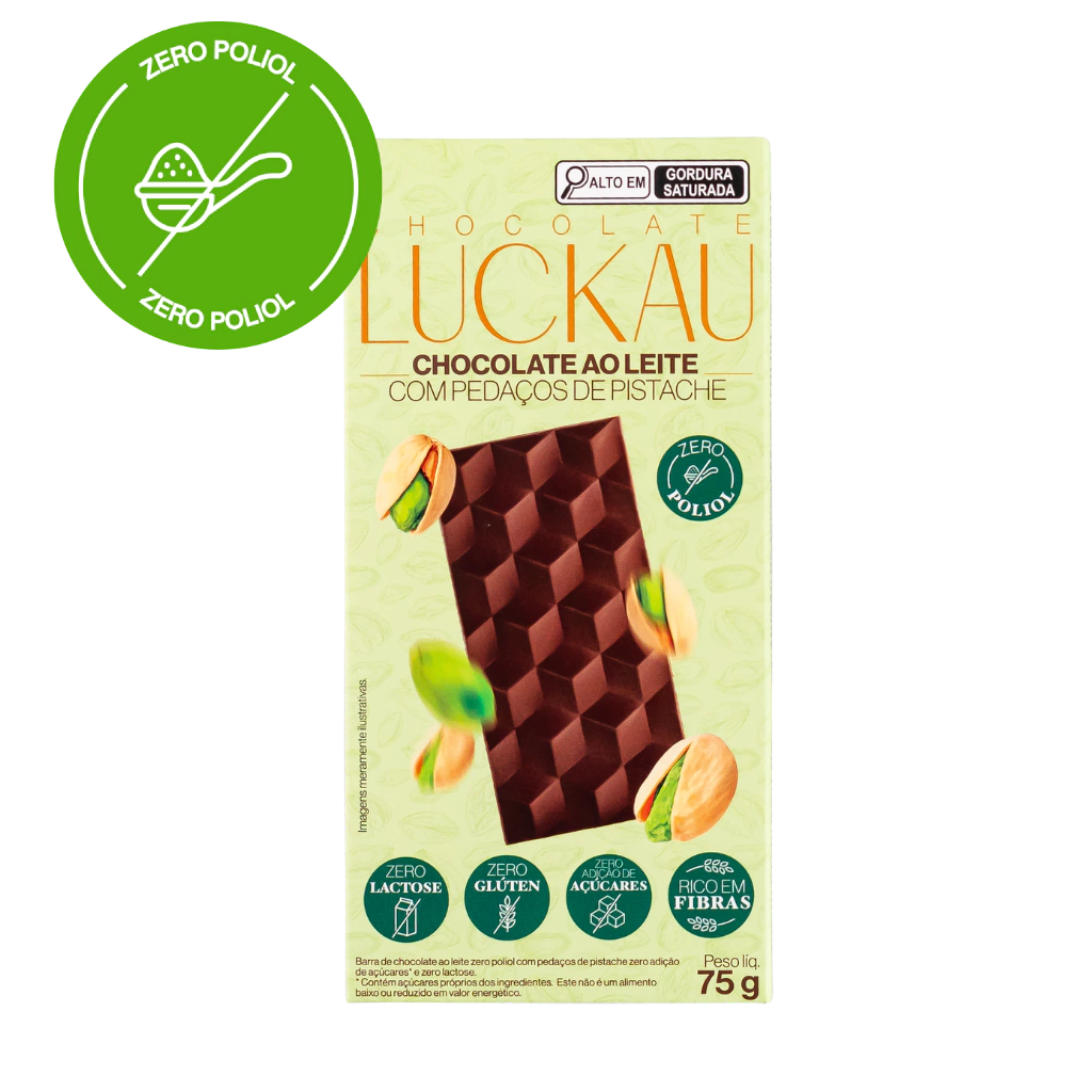 Barra Ao Leite com pedaços de Pistache - ZERO POLIOL, ZERO GLÚTEN, ZERO LACTOSE, ZERO AÇÚCAR - 75g - Luckau