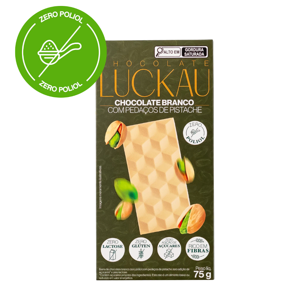 Barra Chocolate Branco com pedaços de Pistache - ZERO POLIOL, ZERO GLÚTEN, ZERO LACTOSE E ZERO ADIÇÃO DE AÇÚCARES - 75g - Luckau