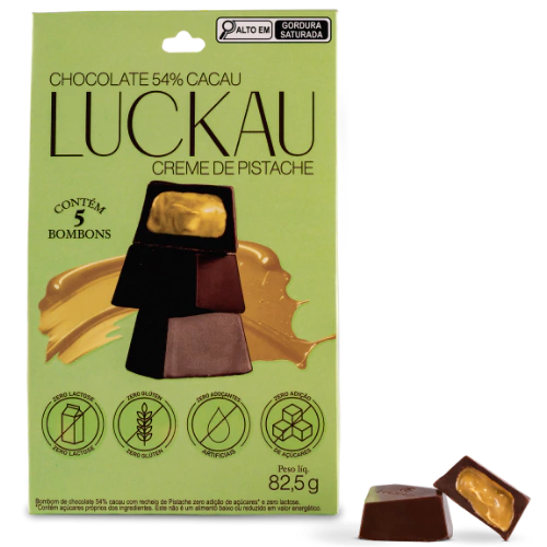 Pouch Bombom Luckau 54% com Pistache SEM GLÚTEN SEM LACTOSE SEM AÇÚCAR - 5 unidades de 16,5g - 82,5g
