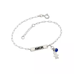 Pulseira Feminina de Prata 925 Placa Amor e Menino com Zircônia