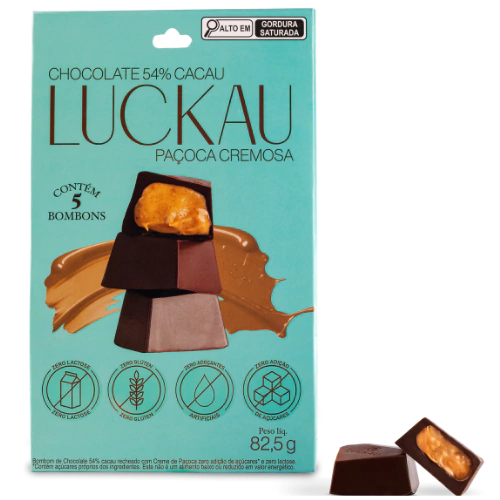 Pouch Bombom Luckau 54% com Creme de Paçoca SEM GLÚTEN SEM LACTOSE SEM AÇÚCAR - 5 unidades de 16,5g - 82,5g