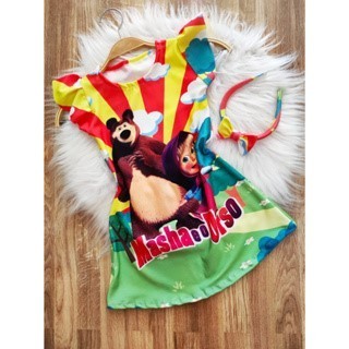 Vestido Menina Infantil Luna Temático Macha e o Urso +Tiara