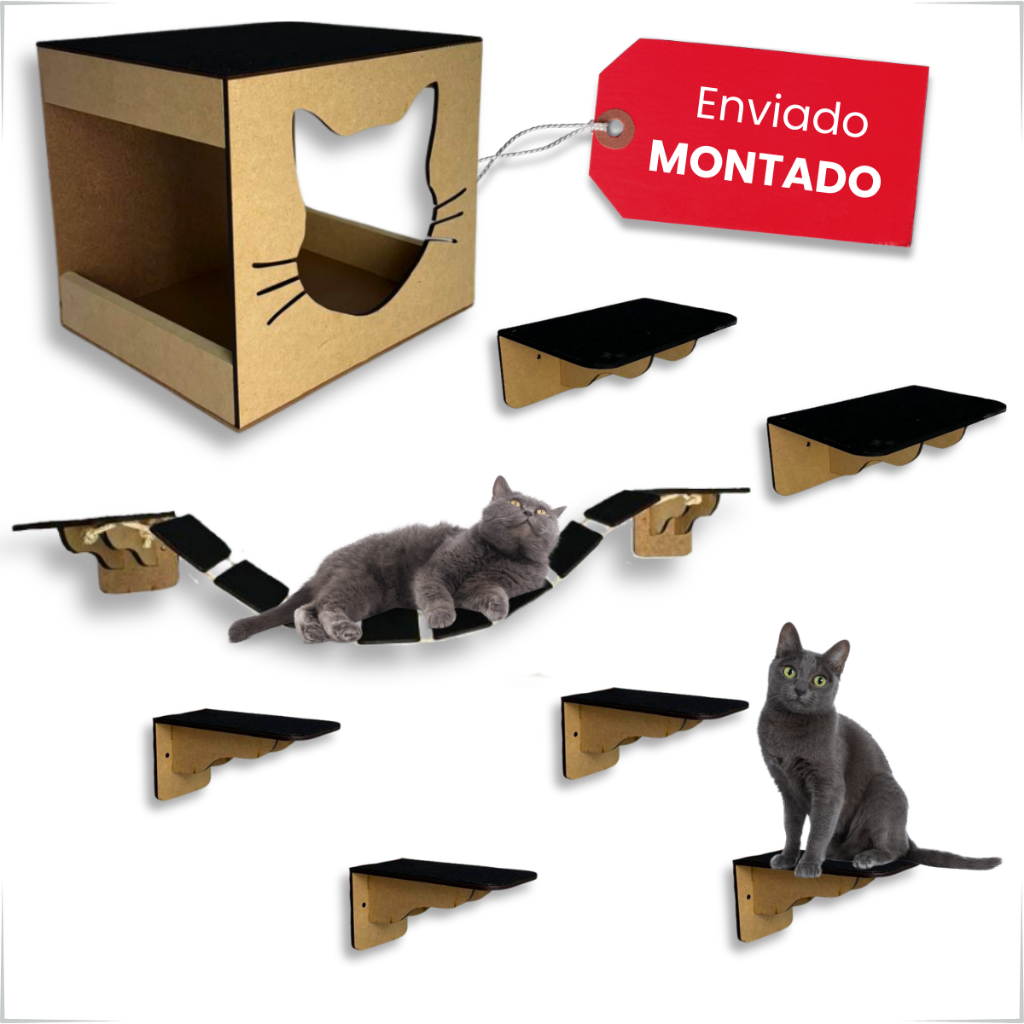 Playground Para Gatos 8 Peças Em Mdf Com Carpete Ponte Prateleira Degrau Caixa Casa Para Gato