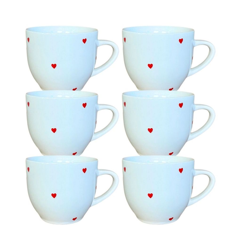 Kit 6 Xícaras Paris Branca Poá Coração Vermelho 170ml