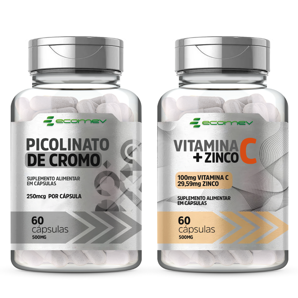 Kit Vitamina C + Zinco Quelado + Picolinato de Cromo 500Mg 120 Cáps Ecomev