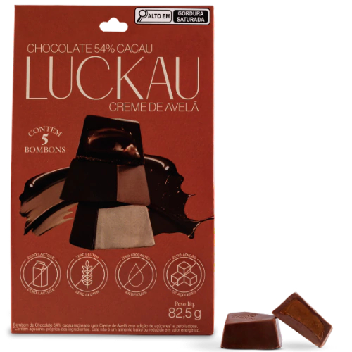 Pouch Cx Bombom Luckau 54% com Creme de Avelã SEM GLÚTEN SEM LACTOSE SEM AÇÚCAR - 5 unidades de 16,5g - 82,5g - Food & Beverages