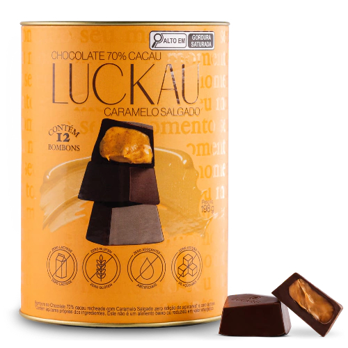 Bombom de Chocolate 70% Cacau Recheado com Caramelo Salgado SEM GLÚTEN SEM LACTOSE SEM AÇÚCAR Luckau - 12 bombons - 198g - Food & Beverages