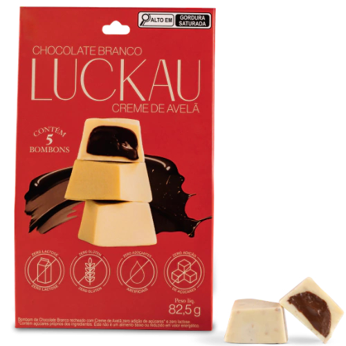 Pouch Cx Bombom Luckau Branco com Creme de Avelã SEM GLÚTEN SEM LACTOSE SEM AÇÚCAR - 5 unidades de 16,5g - 82,5g em Oferta na Shopee