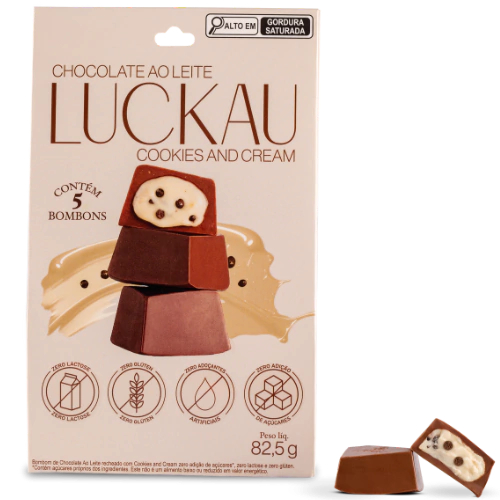 Pouch Cx Bombom Luckau Ao Leite com Creme de Cookies and Cream SEM GLÚTEN SEM LACTOSE SEM AÇÚCAR - 5 unidades de 16,5g - 82,5g