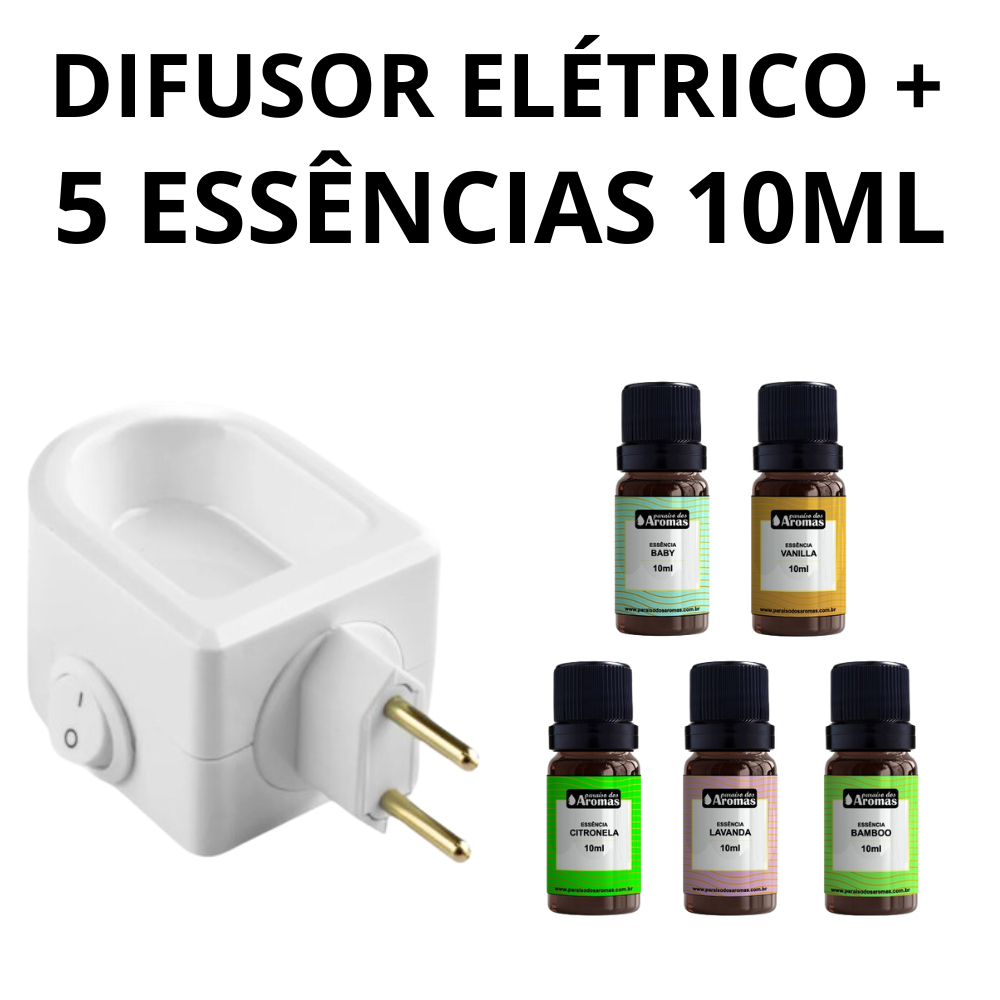 Kit Difusor Elétrico de Aromas Bivolt + 5 Essências 10ml Paraíso dos Aromas