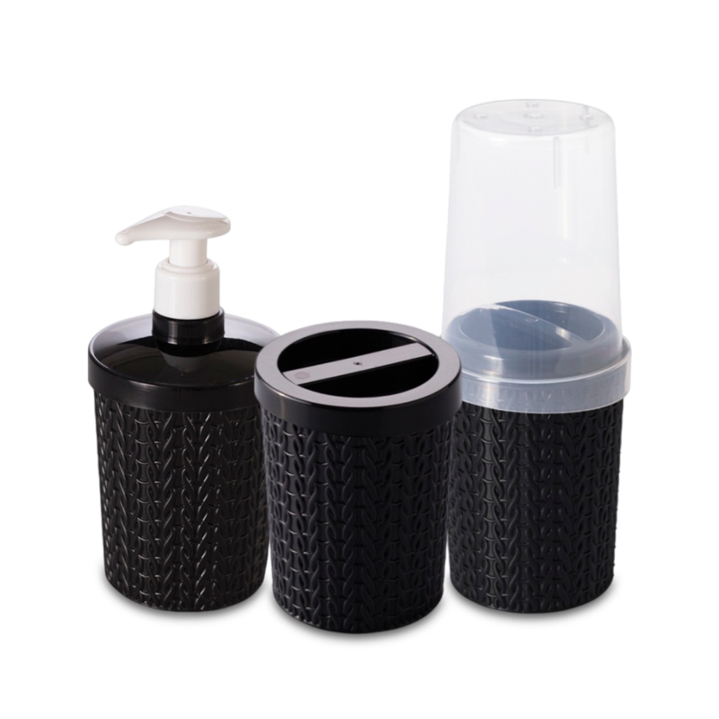 Kit Higiene Para Banheiro 3 Peças Porta Sabonete Liquido Porta Algodão Porta Escova Trama Plasútil