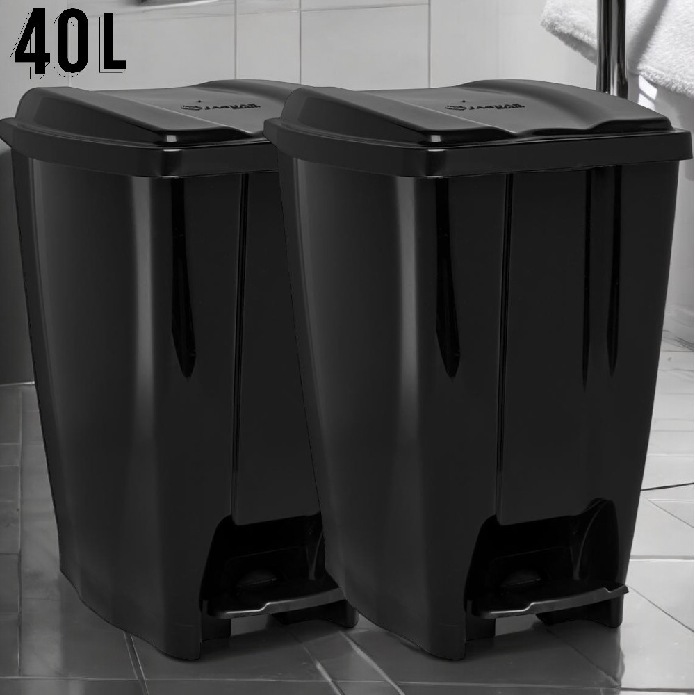 Lixeira com Pedal e Tampa Multiuso para Banheiro 40 Litros Kit 2 Lixeiras Cozinha de Plástico Lixeira Grande Resistente Design Exclusivo Preta
